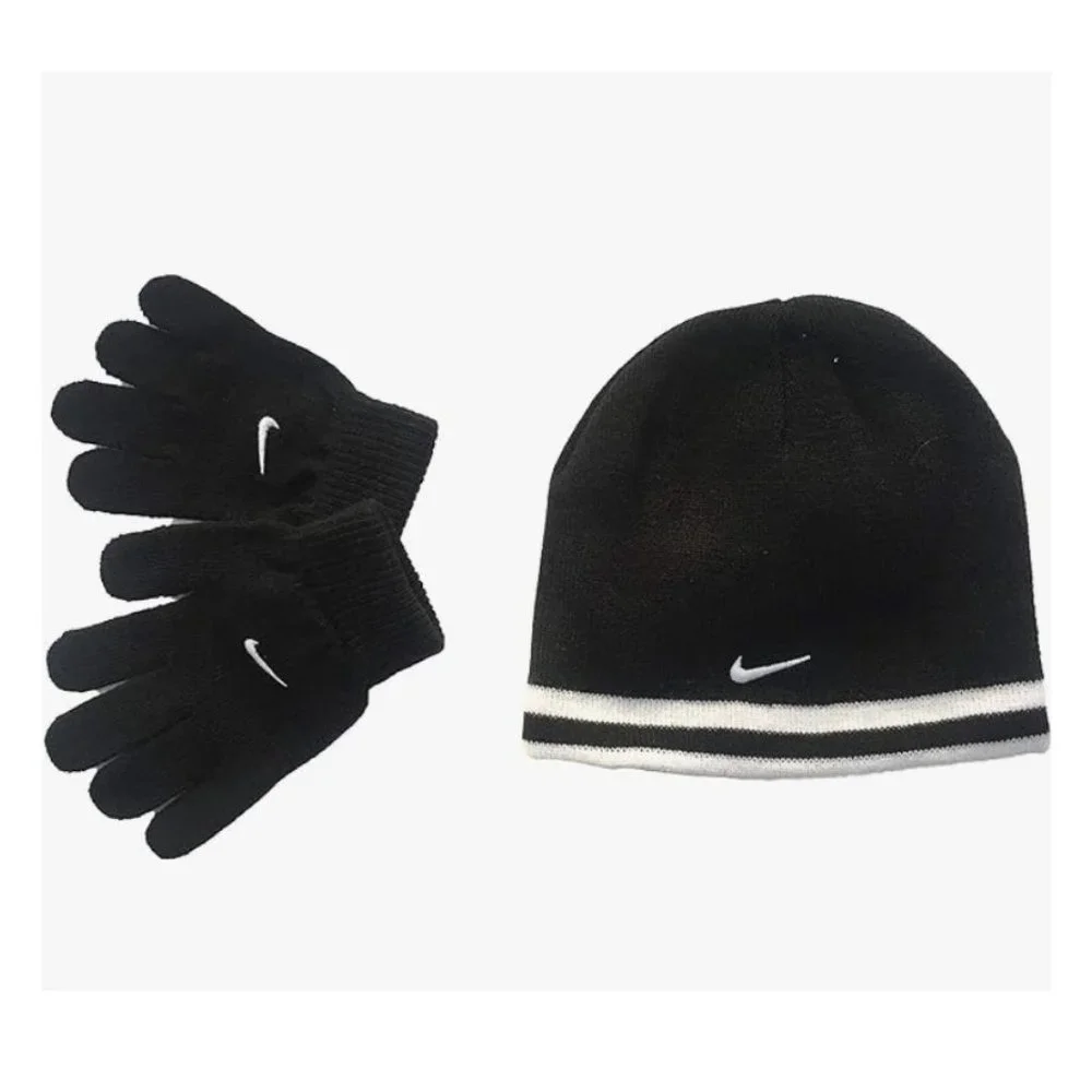 NWT Nike Youth Beanie Hat and Glove Set Black with White Stripe One Size